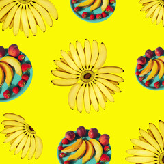 Contemporary collage. Top view on bananas and a plate with melon, peaches and strawberries on a yellow background. The concept of food, summer.