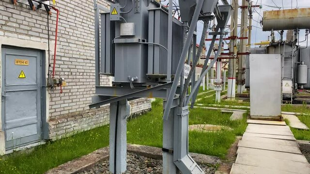 Power step-down transformers at an AC distribution substation