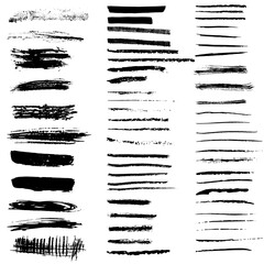 Set of vector brush strokes and banners. Hand-drawn ink strips, prints, textures. Isolated on white background. Black dirty texture. Design elements