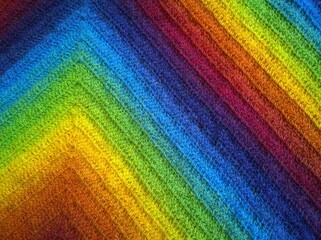 Abstract wool knitting background. Gradient of colors of the rainbow: burgundy, dark red, orange, yellow, green, classic blue, violet, blueberry. Beauty of art geometry. Rhombuses and diagonal lines.
