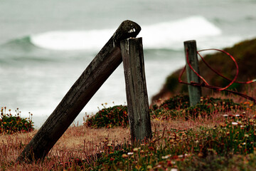 Fototapeta premium Old fence, broken fence, rusted fence on beach