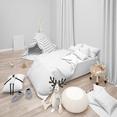 3D rendering of a white themed bedroom