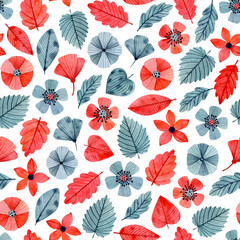 Fototapeta na wymiar Pattern with watercolor flower and leafs in blue and red colors. Beautiful pattern for invitations, fabrics, wallpapers, wrapping paper and other things.