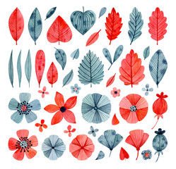 Set of watercolor flower and leafs in blue and red colors. Perfect for invitations, greeting cards, posters and others purposes. 