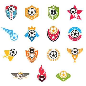 Collection logo, badge or label for football sport. Design templates emblem for soccer match, tournament, championship. Minimalistic vector illustration.