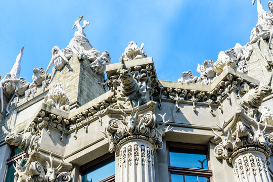 House with chimeras in Kiev, Ukraine. Art Nouveau building with sculptures of the mythical animals was created by architect Vladislav Gorodetsky between 1901 and 1903.
