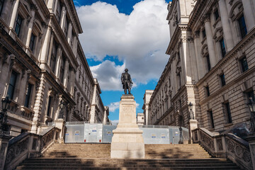 Robert Clive Memorial in front of police cordon wall in central part of the city.