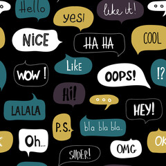 Bright seamless pattern with colorful speech bubble, words and symbols. Wallpaper for teenagers. Fashion style for printing on stationery sets, fabrics and clothes. Super WOW hello nice hi yes cool