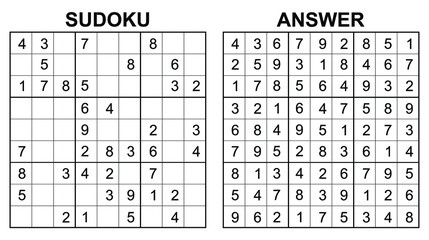 Vector sudoku with answer. Educational game with numbers for kids and leisure for adult on white background.