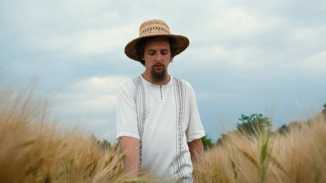 Stylish farmer of Caucasian appearance with a hat and beard walks in the field and looks at the wheat harvest