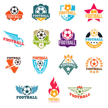 Collection logo, badge or label for football sport. Design templates emblem for soccer match, tournament, championship. Minimalistic vector illustration.