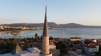 Fototapeta na wymiar A drone view of Esrefoglu Mosque minaret in Konya/Beysehir
