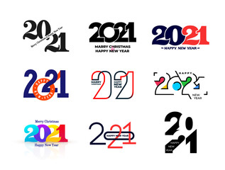 Big set of 2021 Happy New Year signs. Set of 2021 Happy New Year symbols. Greeting card artwork, brochure template. Vector illustration with black holiday labels isolated on white background.