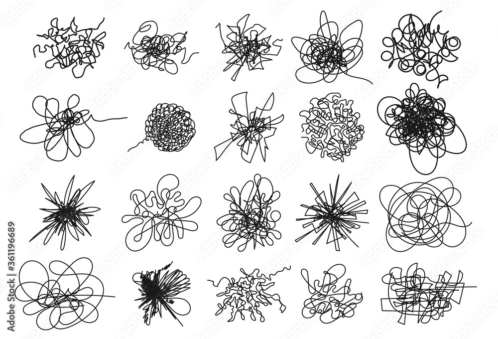 Poster set of hand drawing random chaotic lines. insane tangled scribble clew. black design abstract scrawl