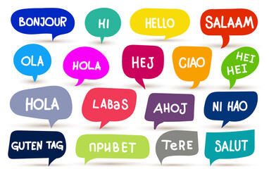 Set of different languages. Hello, hola, hi, guten tag, ni hao, salaam, salut, bonjour. Translation concept. Hand drawn colored icon. Vector illustration. Isolated on white background.