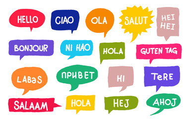 Set of different languages. Hola, hello, hi, guten tag, ni hao, salaam, salut, bonjour. Translation concept. Hand drawn colored icon. Vector illustration. Isolated on white background.