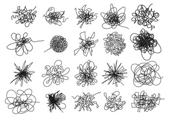 Set of Hand drawing random chaotic lines. Insane tangled scribble clew. Black design abstract scrawl scribbles, chaos doodles. Tangled shapes clutter pencilling flat icon isolated on white background. - obrazy, fototapety, plakaty