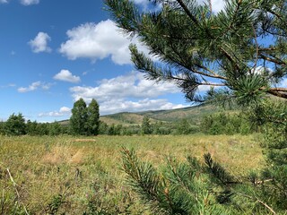 Beautiful summer landscape. Mountains, blue sky and green fields, forest. A group of clouds in the sky. Peaks landskape background. Tourism, journey, hiking concept.