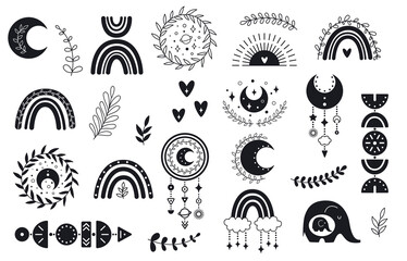 Vector hand drawn boho clipart for nursery decoration with cute rainbows and moon, sun, cloud, dream catcher.