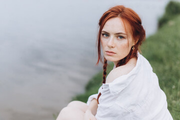 Close up beautiful woman portrait natural face freckles casual female portrait lifestyle beauty girl with pigtails