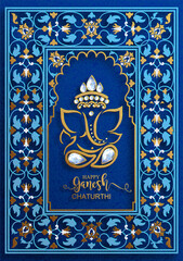 Festival of Ganesh Chaturthi with golden shiny Lord Ganesha patterned and crystals on paper color Background.