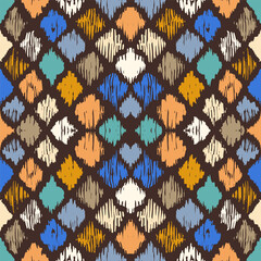 Ikat geometric folklore ornament with diamonds. Tribal ethnic vector texture. Seamless striped pattern in Aztec style. Folk embroidery. Indian, Scandinavian, Gypsy, Mexican, African rug.