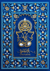 Festival of Ganesh Chaturthi with golden shiny Lord Ganesha patterned and crystals on paper color Background.