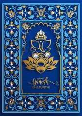 Festival of Ganesh Chaturthi with golden shiny Lord Ganesha patterned and crystals on paper color Background.