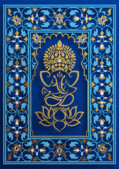 Festival of Ganesh Chaturthi with golden shiny Lord Ganesha patterned and crystals on paper color Background.
