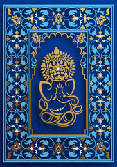Festival of Ganesh Chaturthi with golden shiny Lord Ganesha patterned and crystals on paper color Background.
