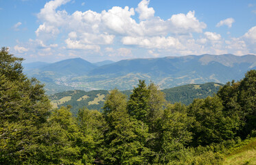 Summer landscape in mountains and the clear blue sky over the grassy hillside. Carpathian, Ukraine, Europe.
