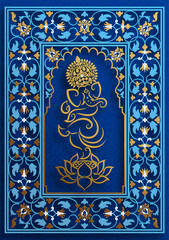 Festival of Ganesh Chaturthi with golden shiny Lord Ganesha patterned and crystals on paper color Background.