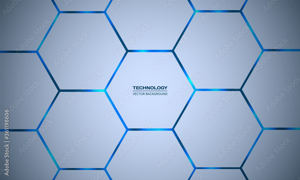 Poster hexagonal blue vector abstract background. bright light blue flashes under hexagon in light technolo