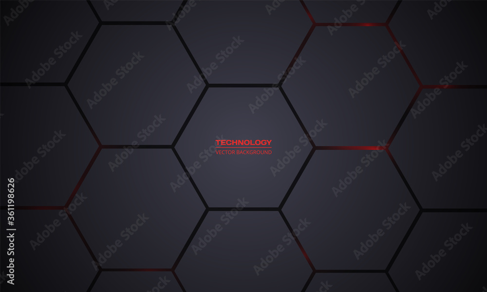 Poster Technology dark hexagonal vector background. Abstract red bright flashes under hexagon in dark technology, futuristic, modern illustration. Black honeycomb texture grid.