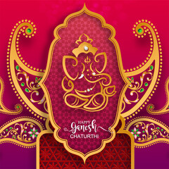 Festival of Ganesh Chaturthi with golden shiny Lord Ganesha patterned and crystals on paper color Background.