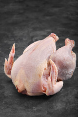 Raw fresh chicken on a dark concrete background. Side View