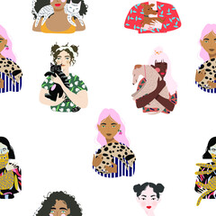 Seamless pattern. 
Girls hold their pets in their arms. Hand drawn trendy vector flat illustration.  Design for banner, card, placard, brochure. 
Transparent background