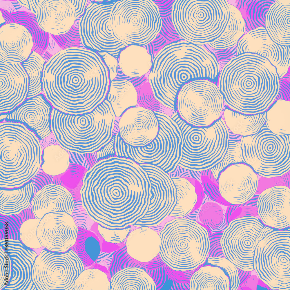 Fototapete retro line art graphic with multi colored striped circles pattern. 3d rendering