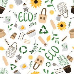 Zero waste eco seamless repeating pattern on white background with kitchen goods for print for packaging texture  