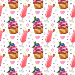 Watercolor seamless pattern. Sweets and hearts. Cocktails and cupcakes with cream and fresh berry. Hand drawn holiday background for design print, card, wrapping paper, textile, fabric, scrapbooking