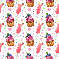 Watercolor seamless pattern. Sweets and hearts. Cocktails and cupcakes with cream and fresh berry. Hand drawn holiday background for design print, card, wrapping paper, textile, fabric, scrapbooking