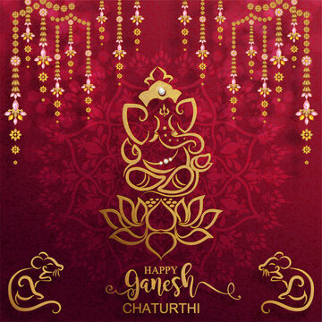 Festival of Ganesh Chaturthi with golden shiny Lord Ganesha patterned and crystals on paper color Background.