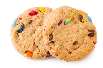 Chocolate chip cookies isolated on white background. Sweet biscuits. top view