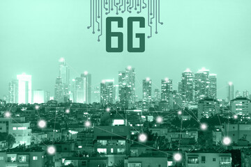 6G technology. Conceptual abstraction. Modern city and communication 6g network, smart city. Green tone city scape and network connection concept.