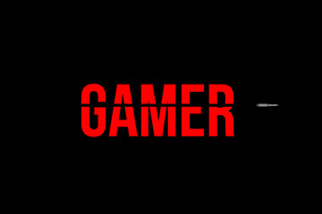 Gamer logo in red with bullet passing. Gaming playing console computer video games. Black background
