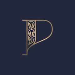 Vintage P letter logo with premium decoration. Classic line serif font.