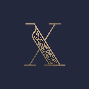Vintage X letter logo with premium decoration. Classic line serif font.