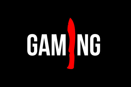 Gaming logo in white with knife in red. Gamer playing console computer  video games. Black background Stock Illustration | Adobe Stock