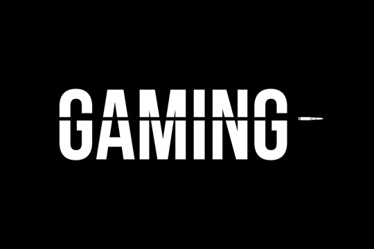 Gaming logo in white with bullet passing. Gamer playing console computer video games. Black background