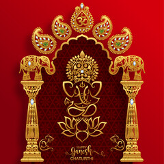 Festival of Ganesh Chaturthi with golden shiny Lord Ganesha patterned and crystals on paper color Background.